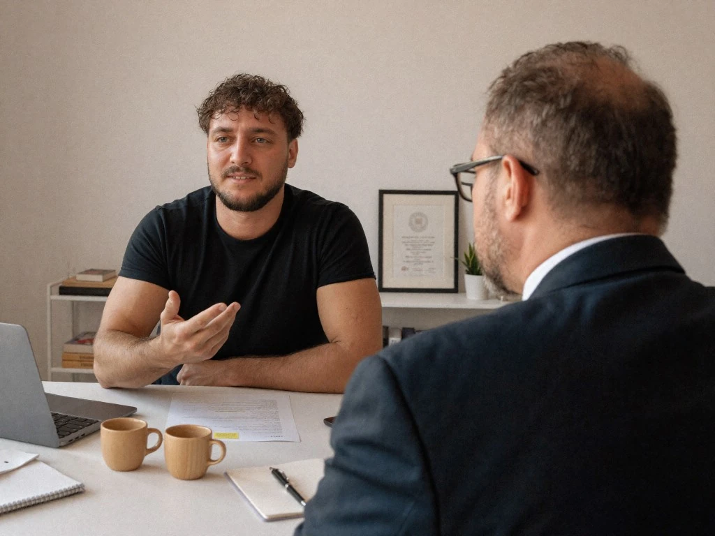 Davide Rossi im Gespräch mit einem mittelständischen Unternehmer am Besprechungstisch, Laptop und Unterlagen zwischen ihnen — Digitalisierung im direkten Austausch.