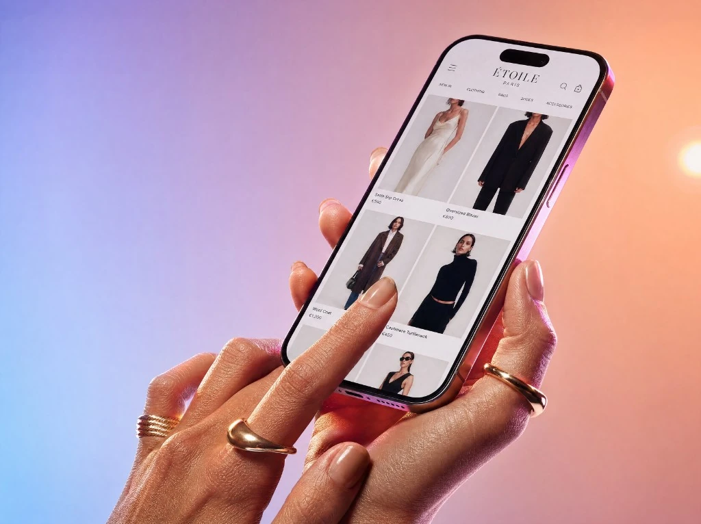 Hände mit Smartphone und Étoile-Paris-Shopify-Storefront — Fashion-Produkte einer Premium-Brand vor cineastischem Blau-Rosa-Orange-Farbverlauf.