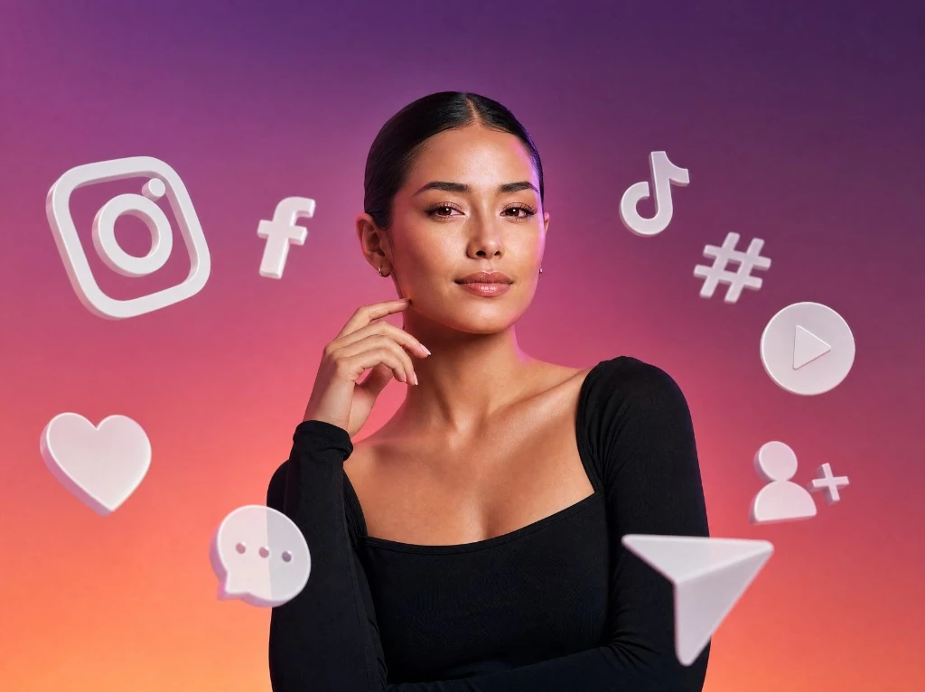 Junge Frau in Schwarz vor lila-orangem Farbverlauf, umgeben von schwebenden 3D-Social-Media-Icons (Instagram, Facebook, TikTok, YouTube) — Performance-Marketing auf den relevanten Plattformen.